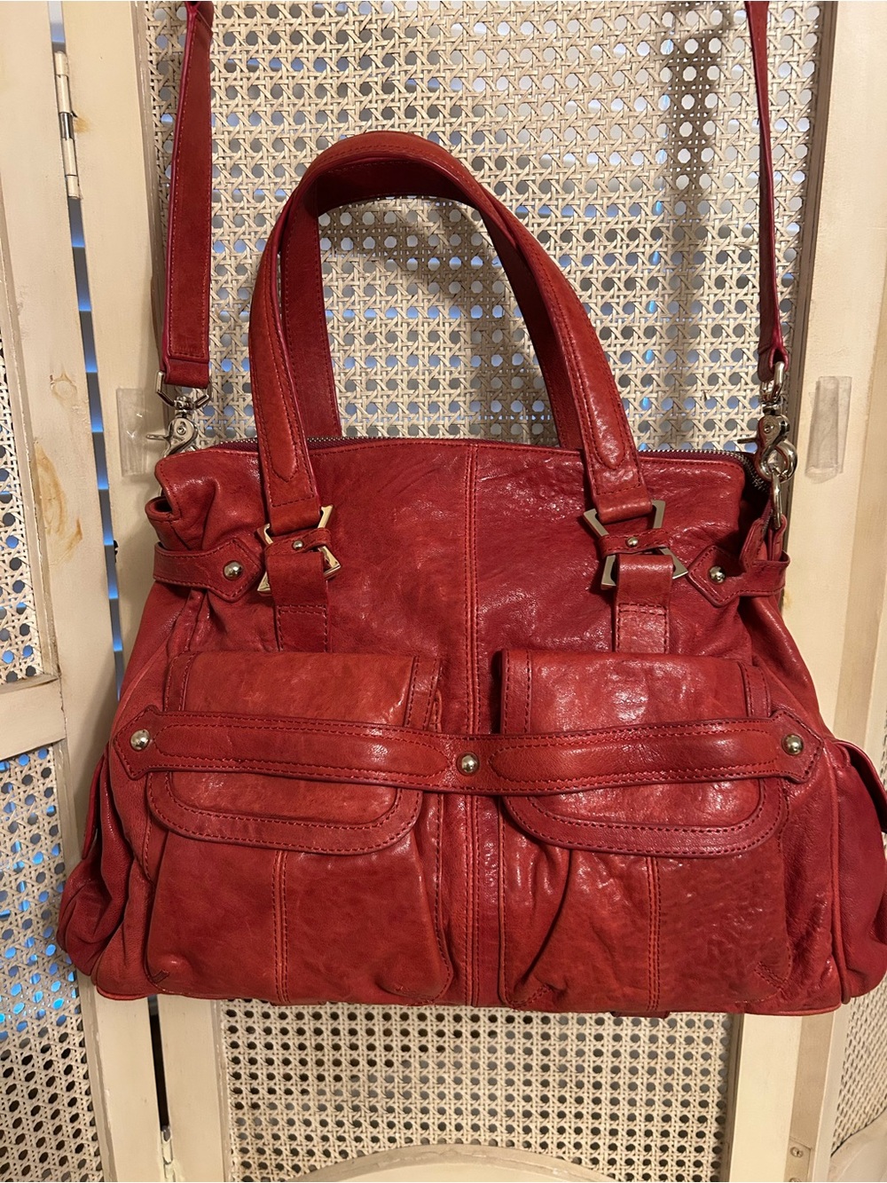 Junior Drake Red Leather Shoulder Bag with Dual Front Pockets